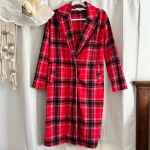 Old Navy Red Pink Tartan Plaid Long Coat Size XS Preppy Dark Academia Holiday